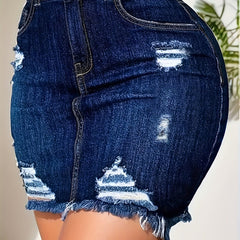 Casual Denim Shirt & Solid Ripped Denim Skirt Set