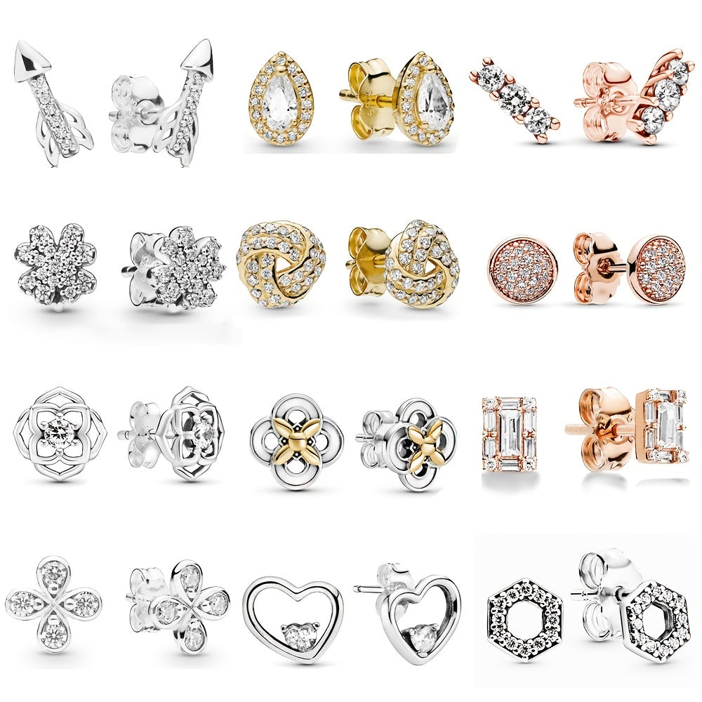 Zircon Girl Earrings Platinum Rose Hollow Clover Round Square