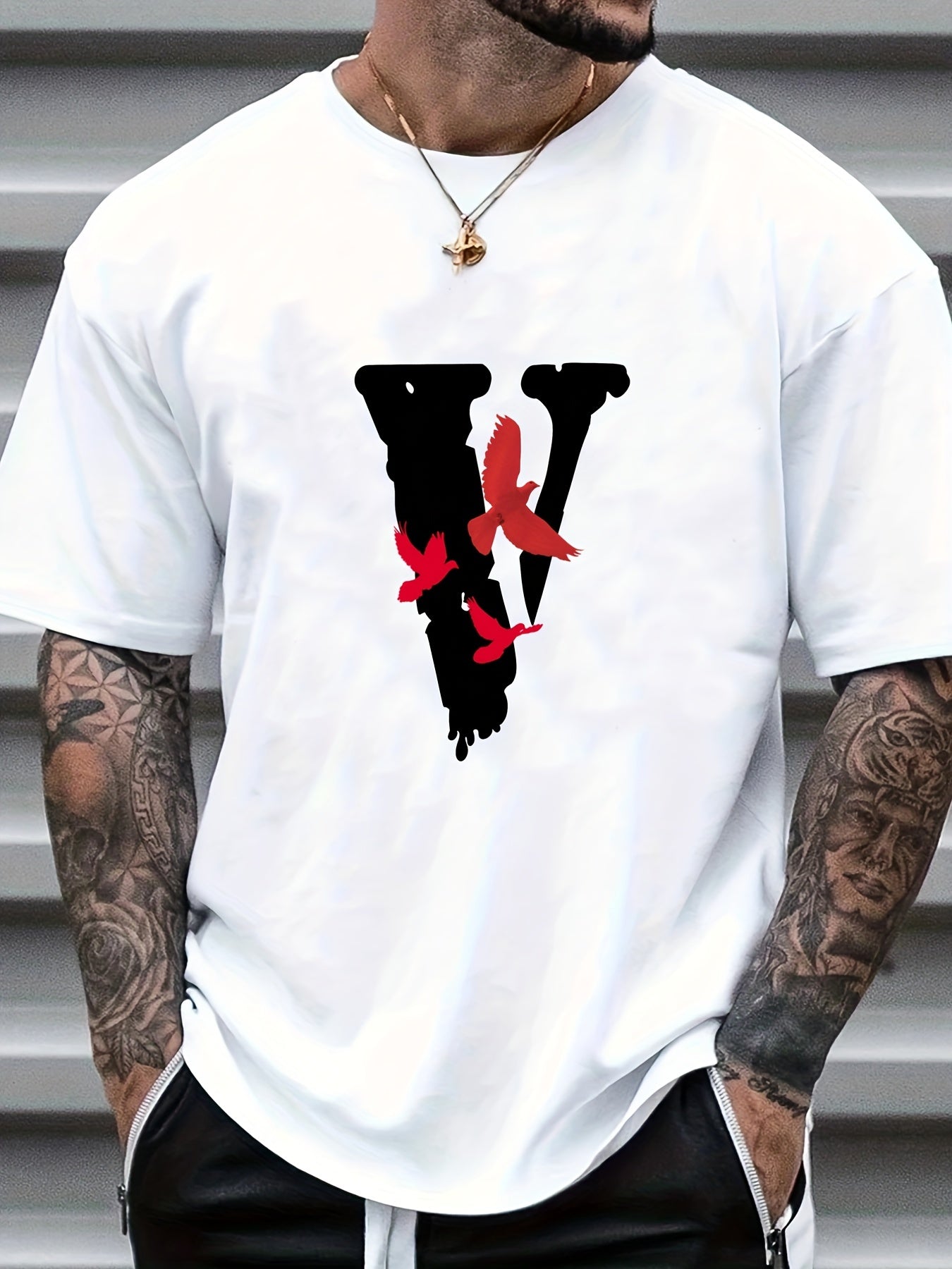 V & Pigeon Print Men's Graphic Crew Neck T shirt Casual Tee for Summer