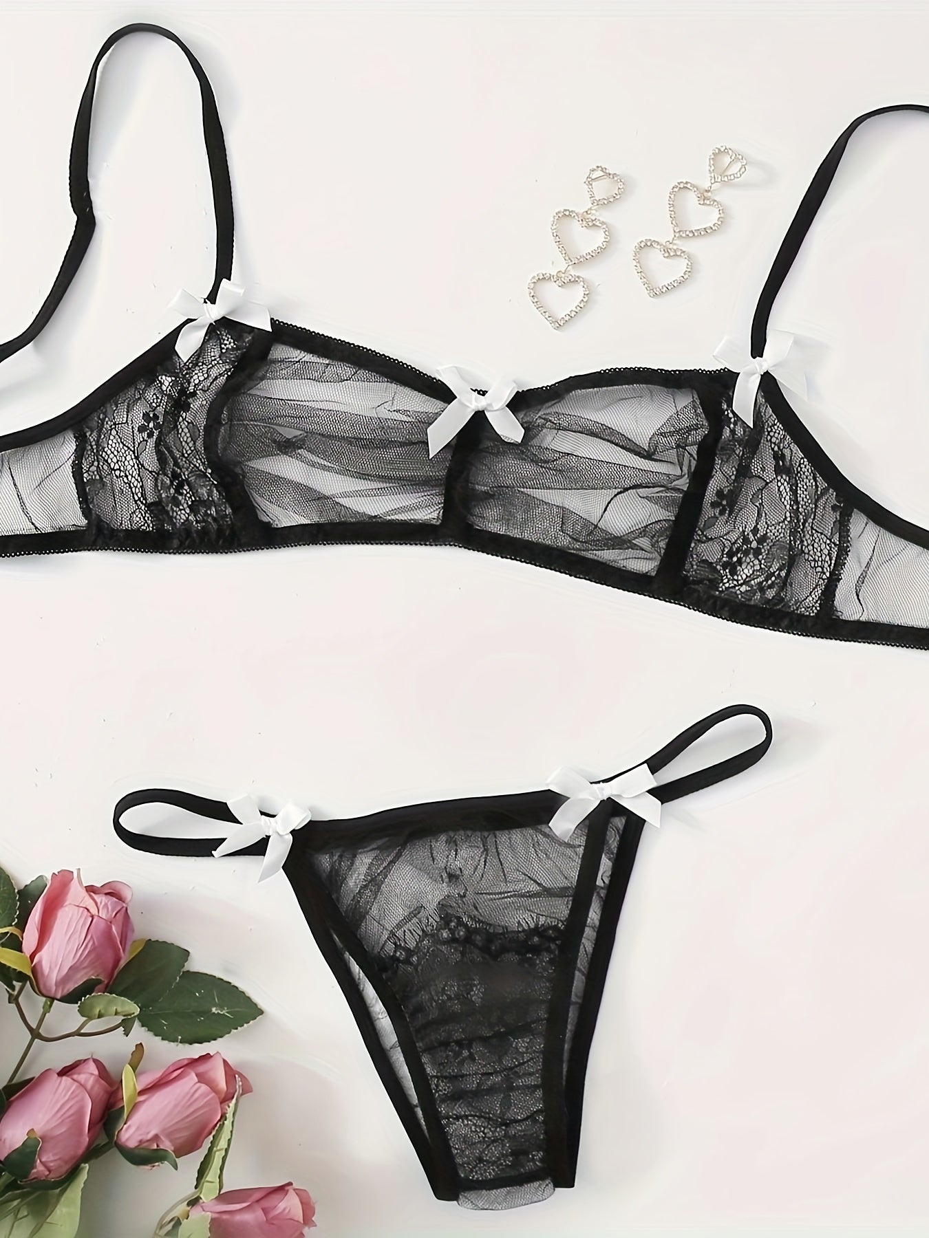 Sultry Lace Mesh Lingerie Set Sheer Unlined Bra & Bow Tie Panties