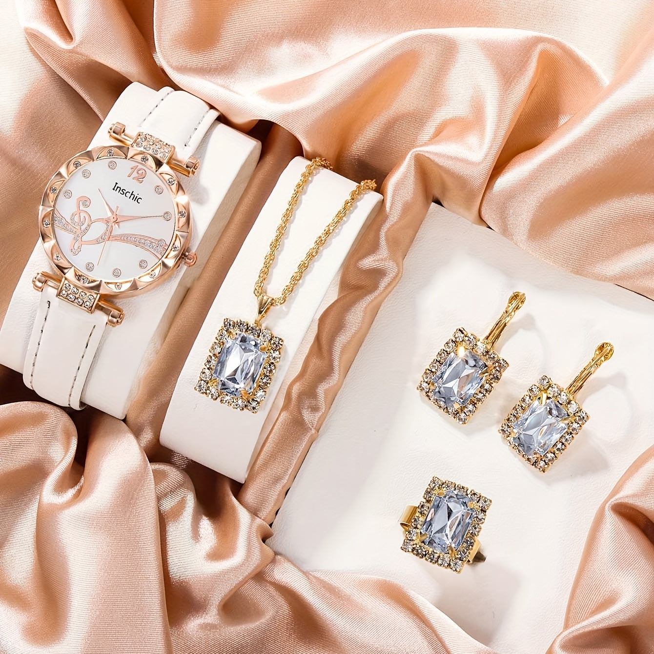 5pcs Square Rhinestone Junior High School Students Leather Quartz Watch Set