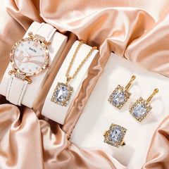 5pcs Square Rhinestone Junior High School Students Leather Quartz Watch Set