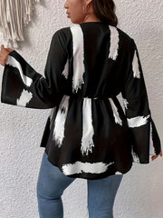 Brush Print Flared Sleeve V Neck Peplum Shirt Top