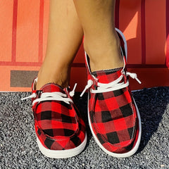 Christmas Red Plaid Pattern Flat Shoes Women's Casual Lightweight Soft