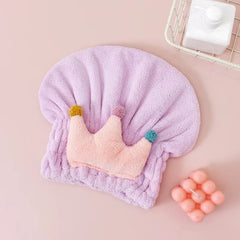 Kids Cartoon Crown Shower Cap, Absorbent Coral Fleece Turban