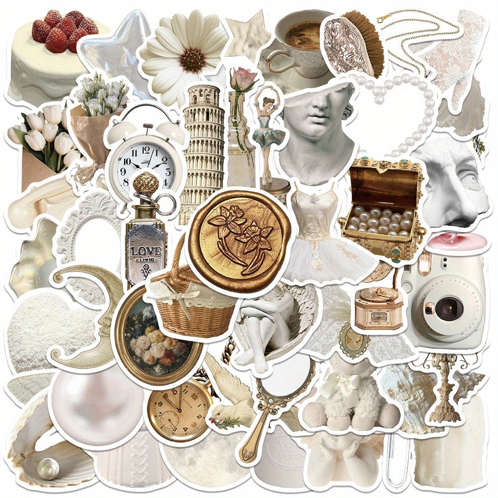 50pcs Vintage Romantic Cartoon Stickers with Floral Clocks Pearls & Statu