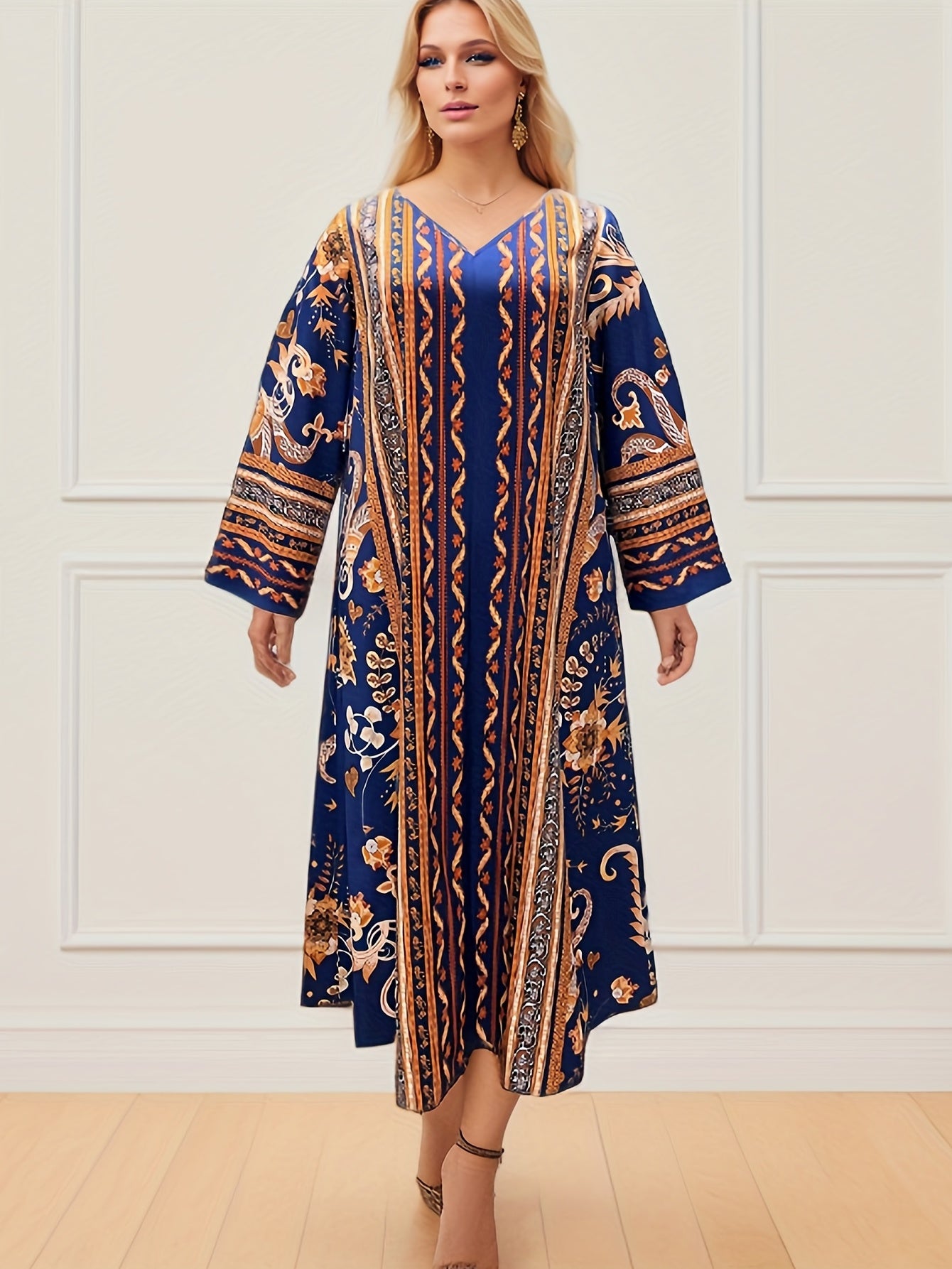 Women's Plus Tribal Print V Neck Long Sleeve Loose Casual Maxi Dress