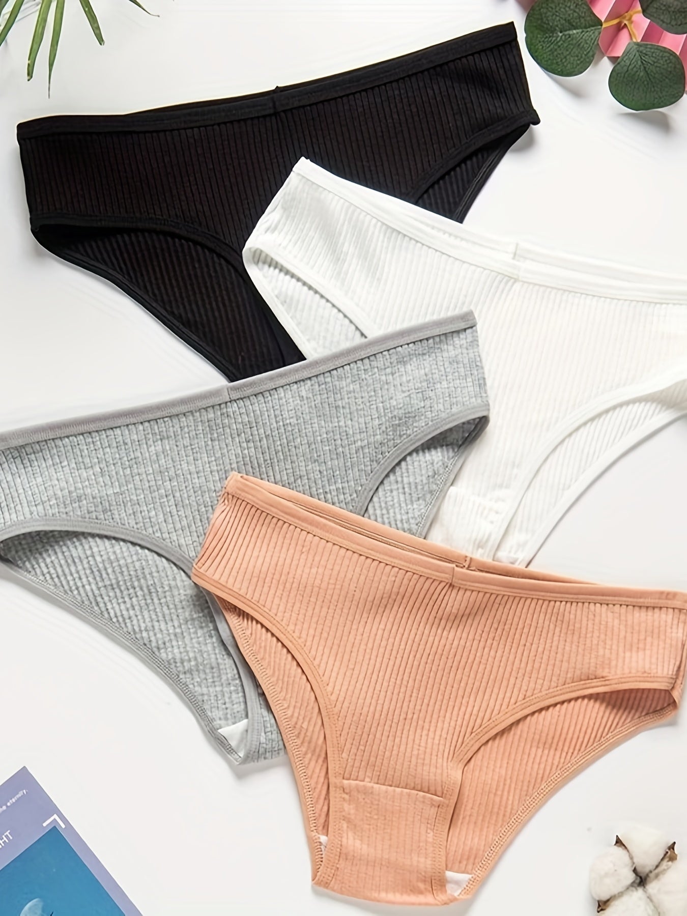 4pcs Ribbed Solid Briefs Comfy & Breathable Intimates Panties
