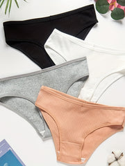 4pcs Ribbed Solid Briefs Comfy & Breathable Intimates Panties