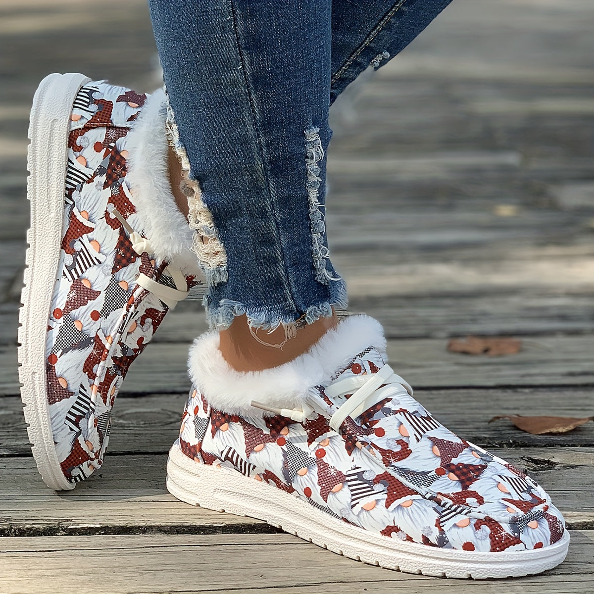Women's Christmas Santa Print Snow Boots Plush Comfort Winter Lace up Flats