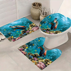 4pcs Waterproof Turtle Shower Curtain Set with 12 Hooks