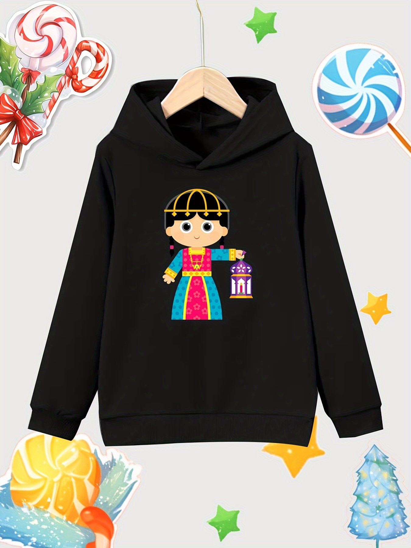 Girl Carrying Lantern Cotton Hooded Sweatshirt