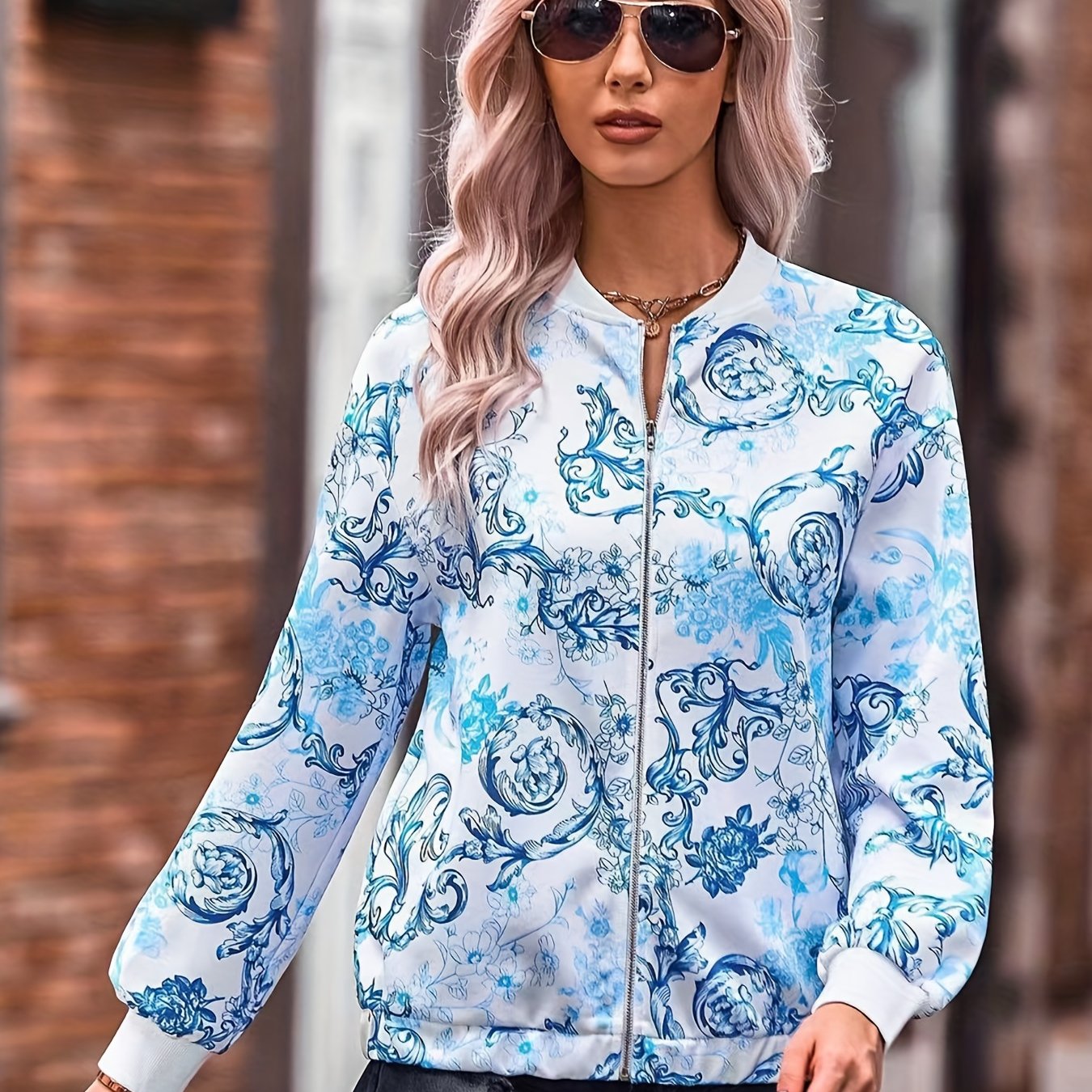 Floral Print Zip Up Jacket for Women