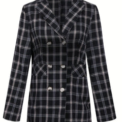 Plaid Double Breasted Lapel Neck Blazer Long Sleeve Casual Blazer