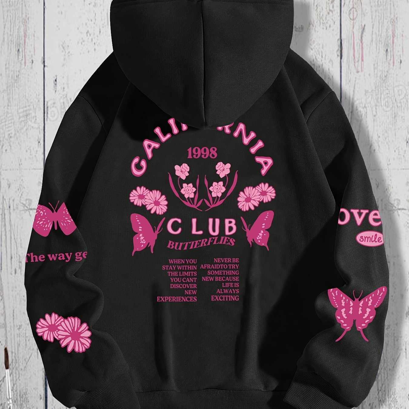 Butterfly & Flower Print Kangaroo Pocket Hoodie Women's Sweatshirt