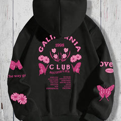 Butterfly & Flower Print Kangaroo Pocket Hoodie Women's Sweatshirt