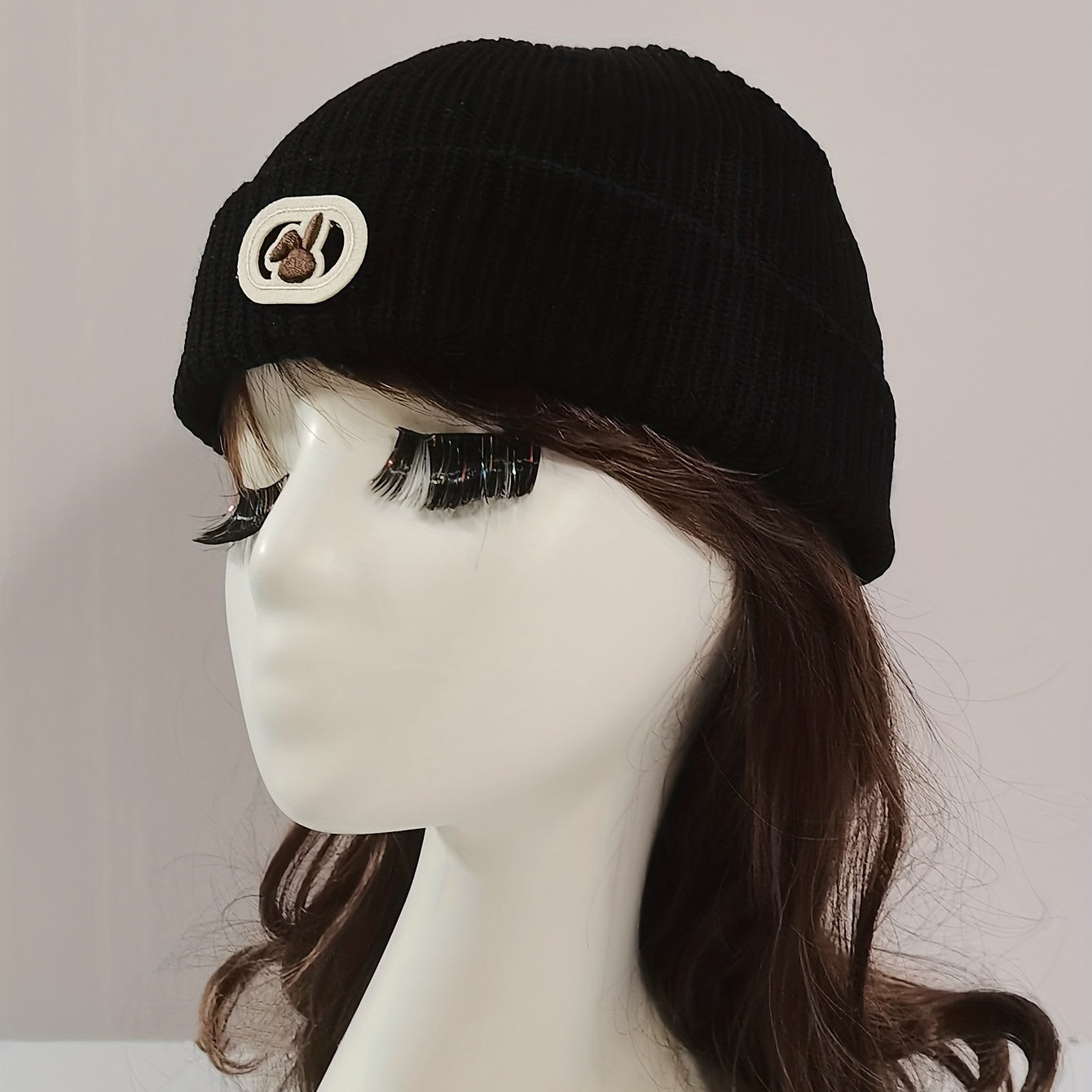 Rabbit Label Embroidery Beanie Solid Knit Hat Elastic Casual Skull Cap
