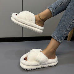 Women's Pink Fuzzy Platform Slippers Open Toe Solid Fluffy Shoes