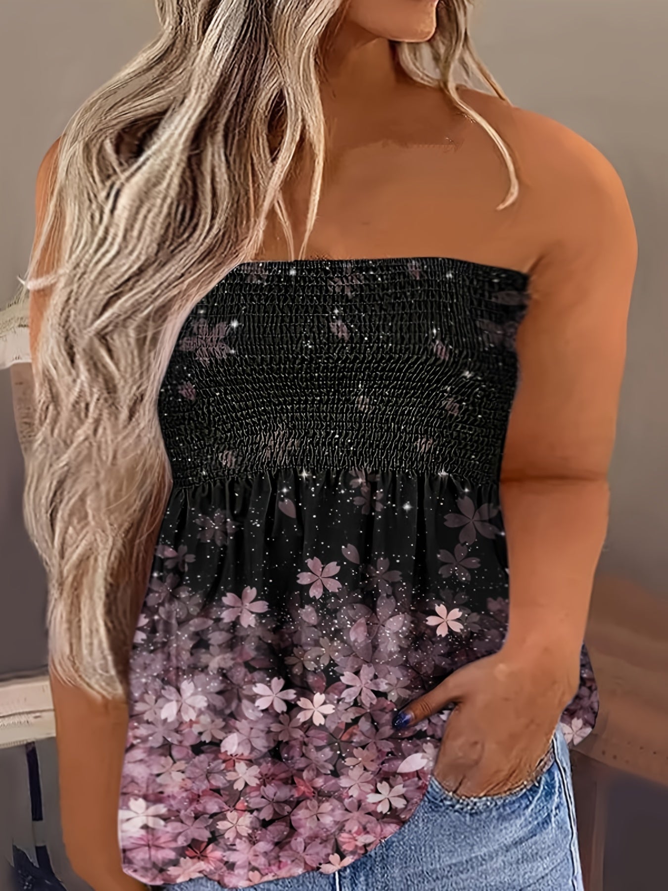 Sexy Plus Size Tube Top Women's Graphic Print Shirred Stretch Top