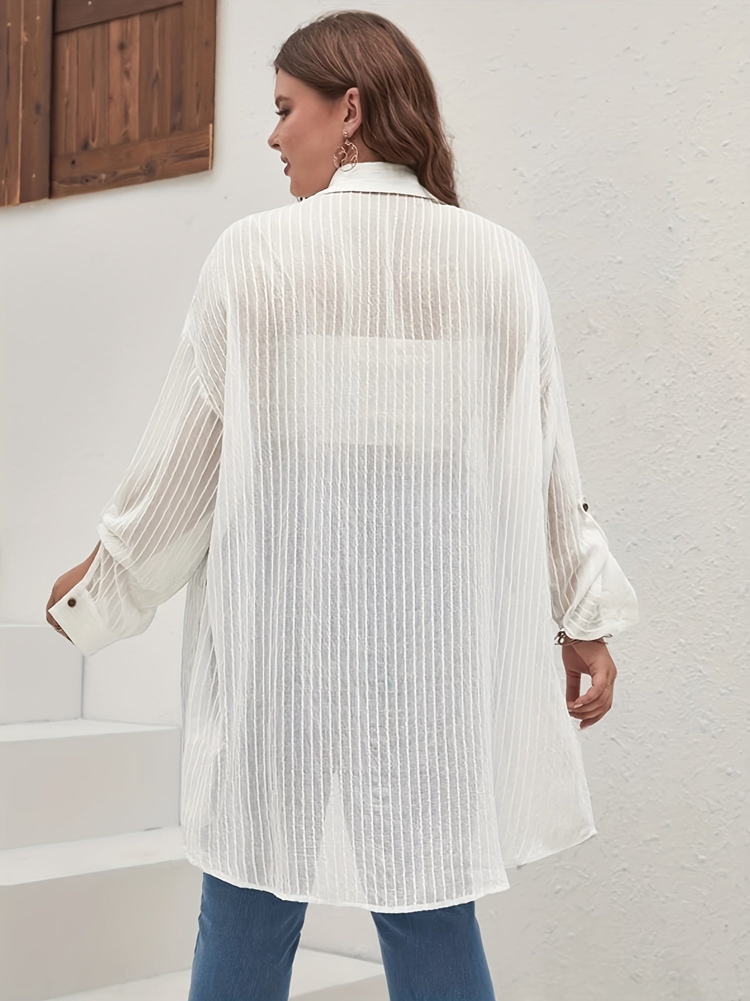 Stripe Print Long Sleeve Button Up Tunic Shirt