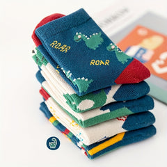 5 Pairs Kids Dinosaur Pattern Sports Socks for Spring and Autumn