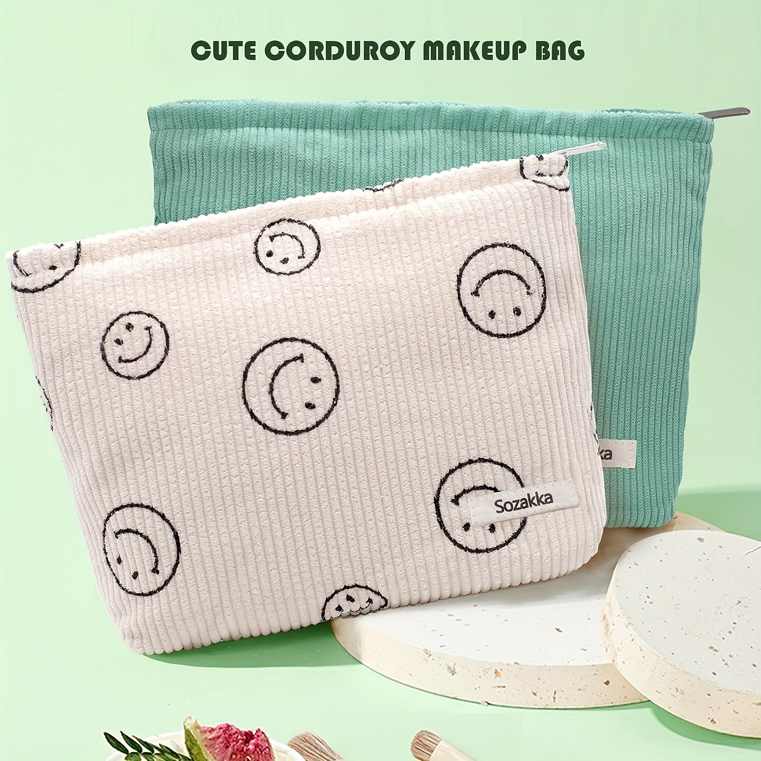 2Pcs Corduroy Makeup Bag Large Capacity Women Organizer Zipper Pouch
