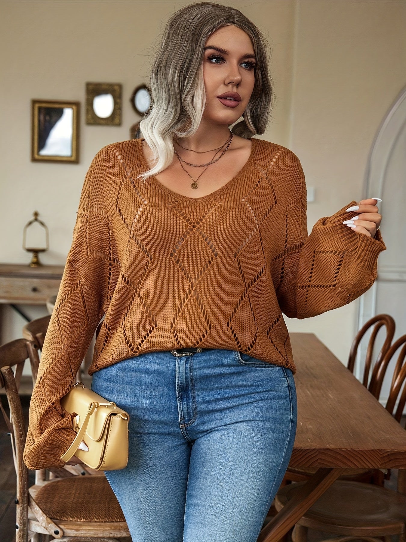 Solid Pointelle Long Sleeve V Neck Sweater