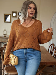 Solid Pointelle Long Sleeve V Neck Sweater