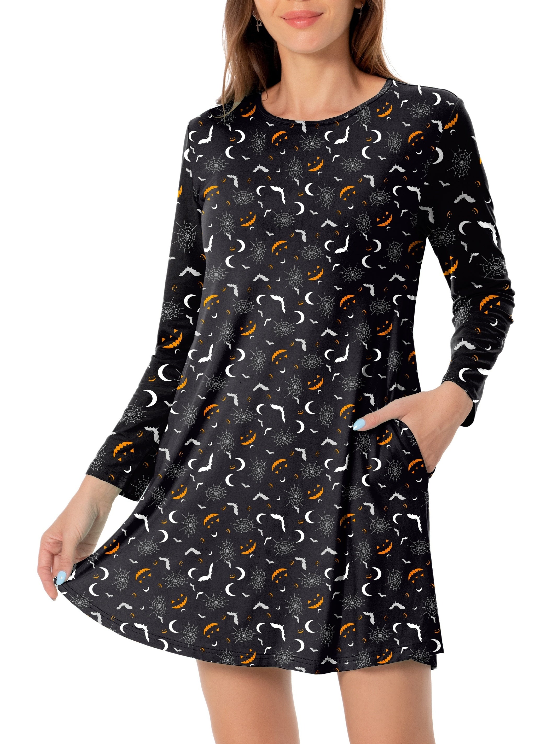 Bat Print Halloween Dress Long Sleeve Mini Dress Women's Clothing