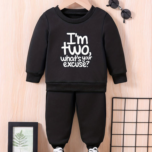 Baby Letter Print Outfit Sweatshirt Trousers Set - I'M TWO WHAT'S YOUR EXCUSE
