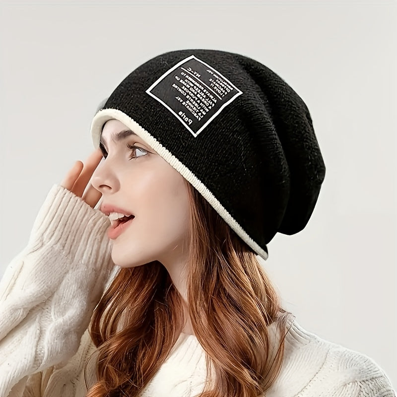 Stylish Label Patch Beanie Warm Skull Cap Elastic Block Knit Hat Soft