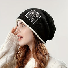 Stylish Label Patch Beanie Warm Skull Cap Elastic Block Knit Hat Soft