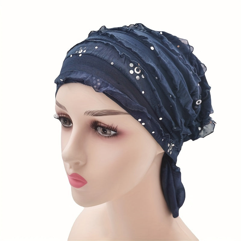 Sequin Decor Ruffle Turban Cap Elastic Head Wrap Ramadan Hijab Hats