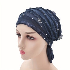 Sequin Decor Ruffle Turban Cap Elastic Head Wrap Ramadan Hijab Hats