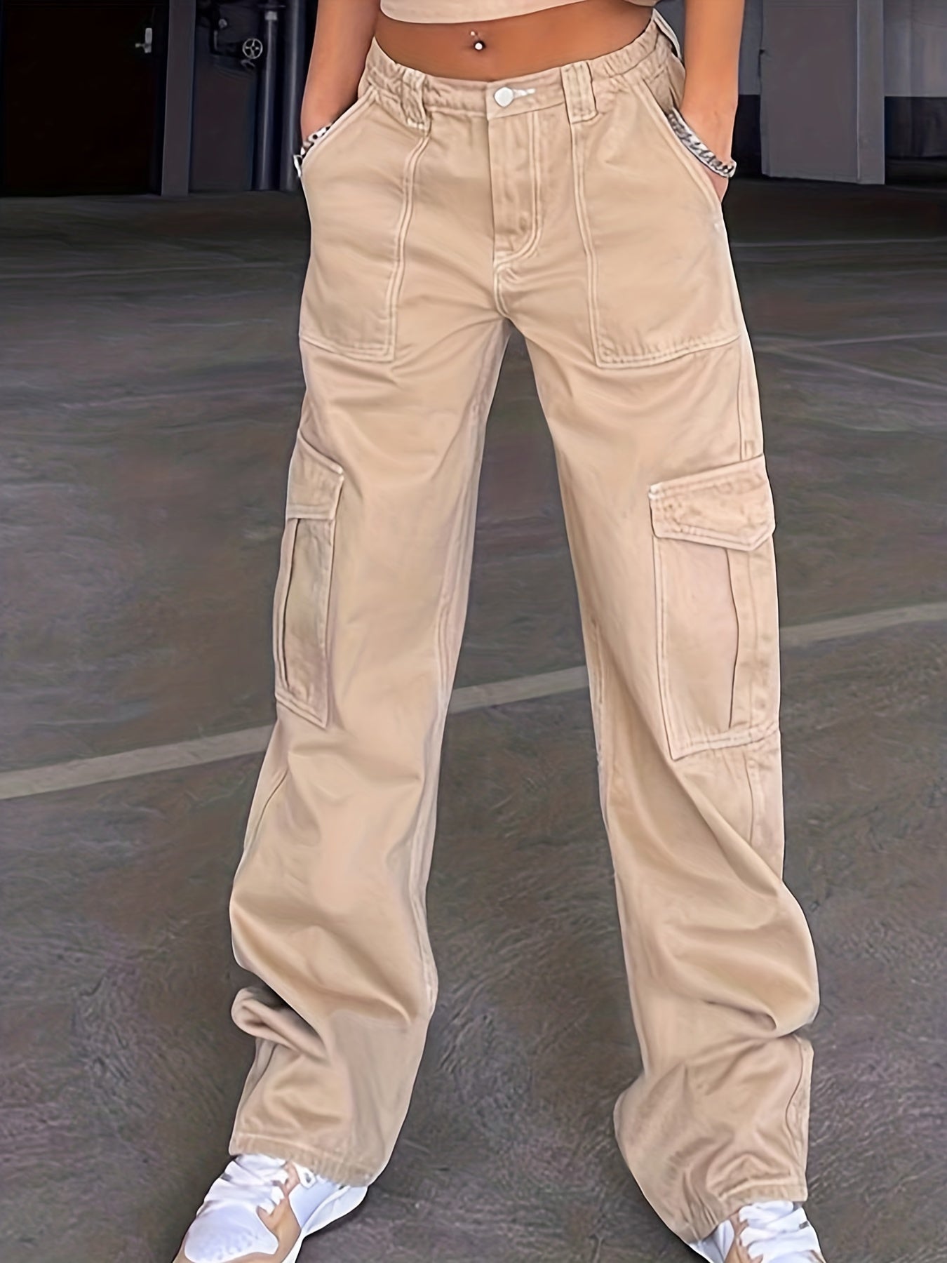 Vintage High Waist Cargo Pants Wide Legs Flap Pockets