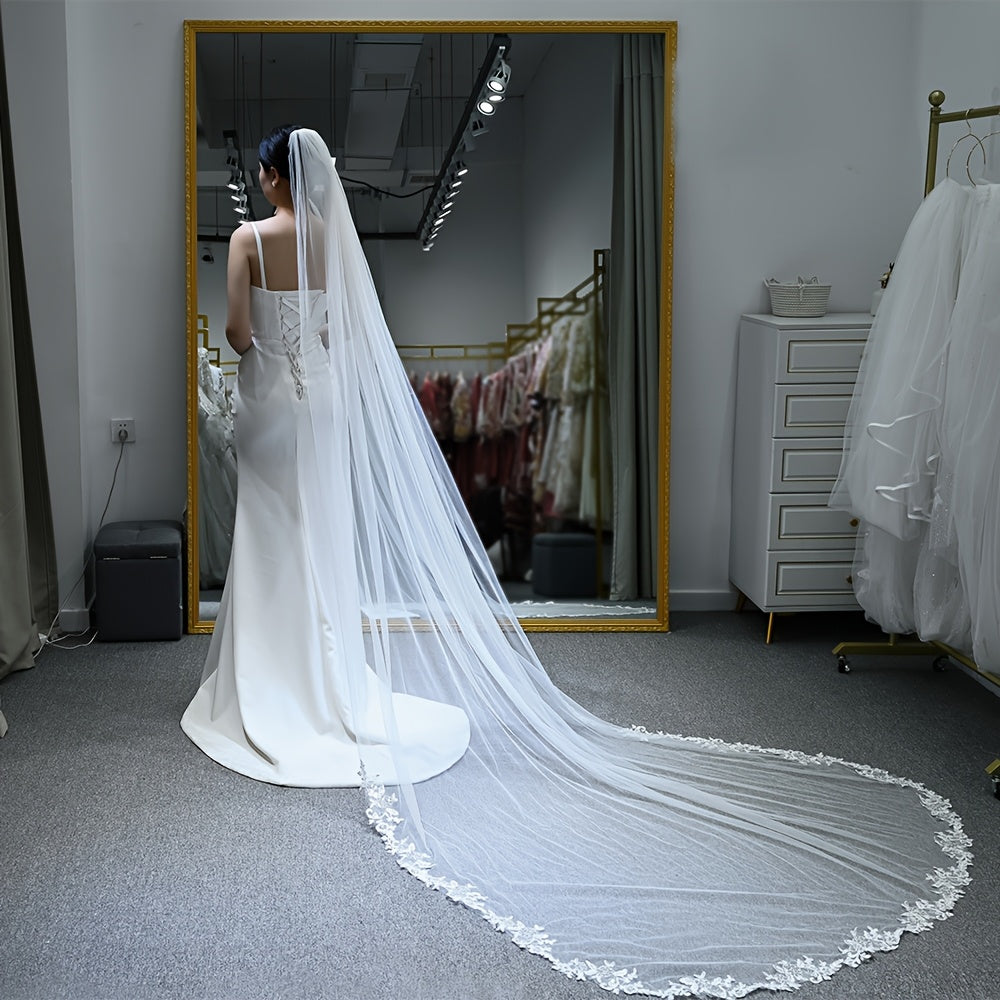 Bridal Veil with Floral Lace Trim and Flowing Train for Wedding