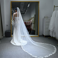 Bridal Veil with Floral Lace Trim and Flowing Train for Wedding
