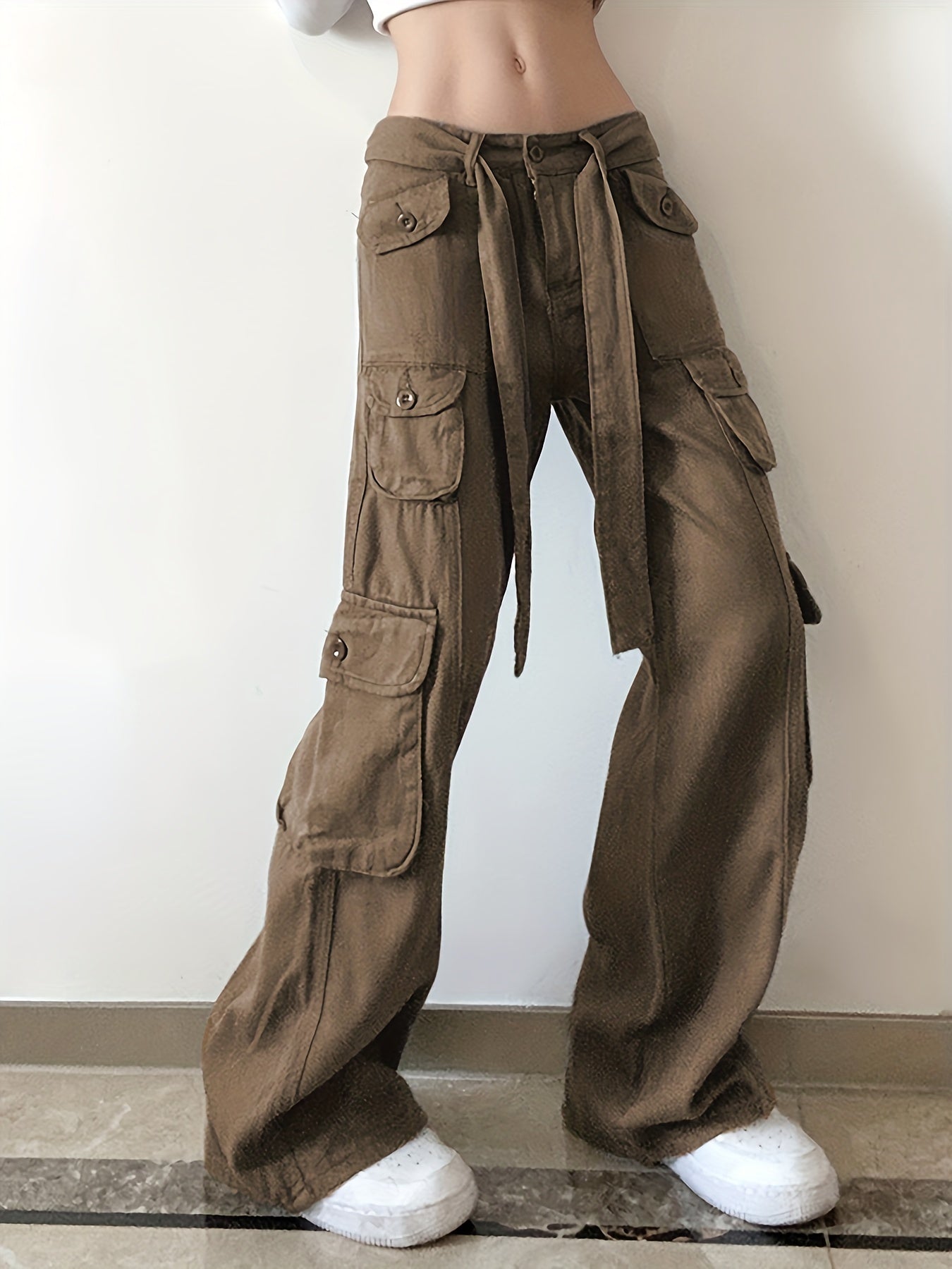 Grey Cargo Pants High Rise Wide Leg Loose Fit