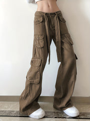 Grey Cargo Pants High Rise Wide Leg Loose Fit