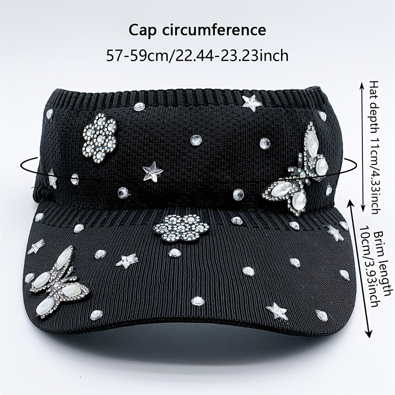 Rhinestone Butterfly Star Visor Hat Knitted Elastic Sun Hat for Women