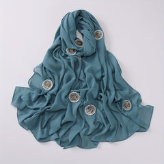 Chiffon Hijab Rhinestone Faux Pearl Decor Scarf Solid Shawl
