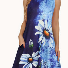 Daisy Print Tie Dye Dress Boho Crew Neck Sleeveless Dress Women's Clothing