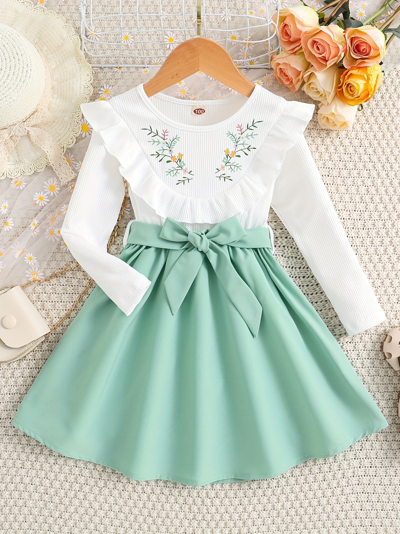Girls Ruffled Splicing Dress With Belt Long Sleeves Round Neck Flowers Print Pri