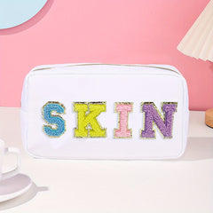 Preppy Patch Makeup Bag with Embroidered Letter