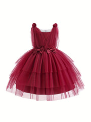 Princess Dress Birthday Girl Bow Decor Layered Tutu Dress
