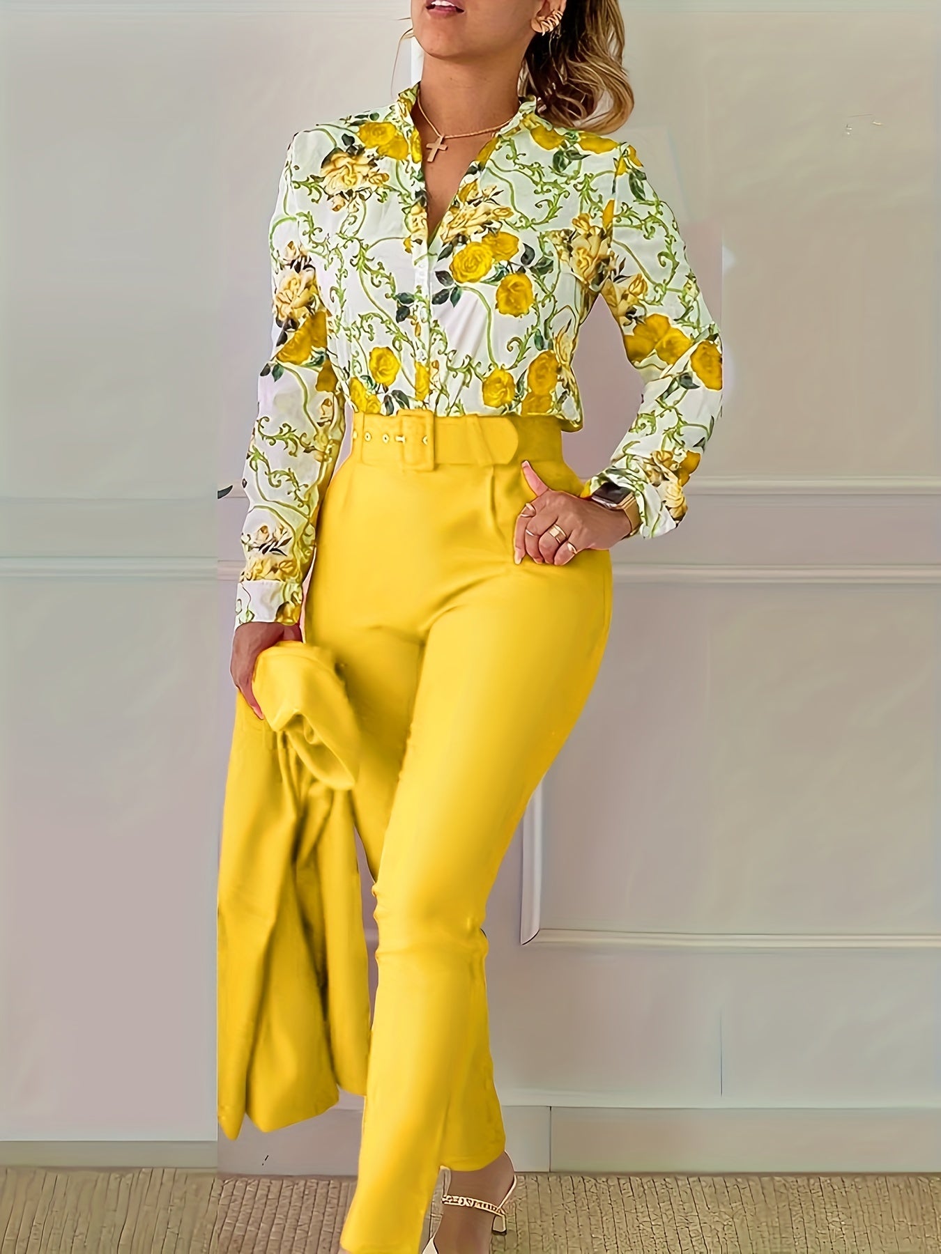 Floral Print V Neck Blouse & Tapered Pants Set