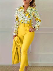Floral Print V Neck Blouse & Tapered Pants Set
