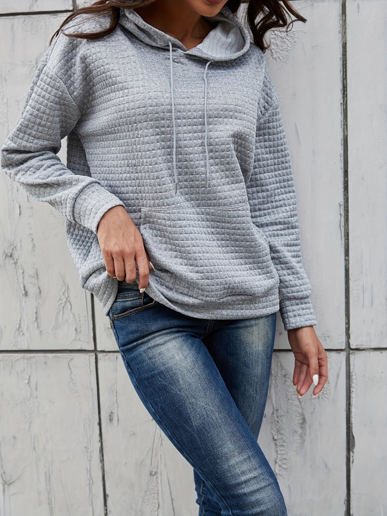 Textured Kangaroo Pocket Hoodie Long Sleeve