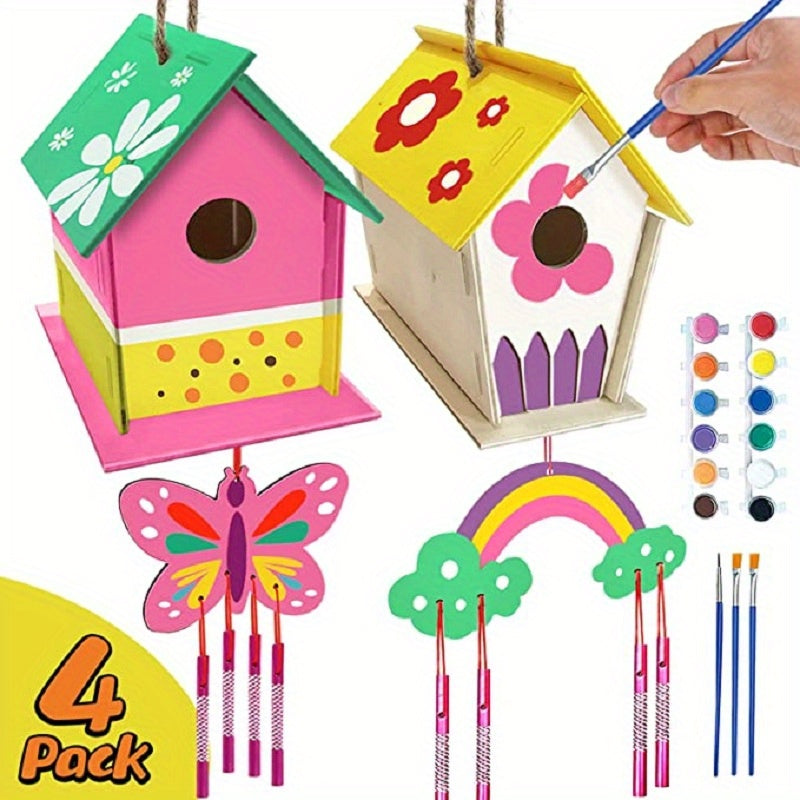 4pcs DIY Bird House Wind Chime Kit for Kids to Build & Paint Birdhouses