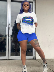 Lip Print T shirt & Solid Shorts Set Women's Outfit